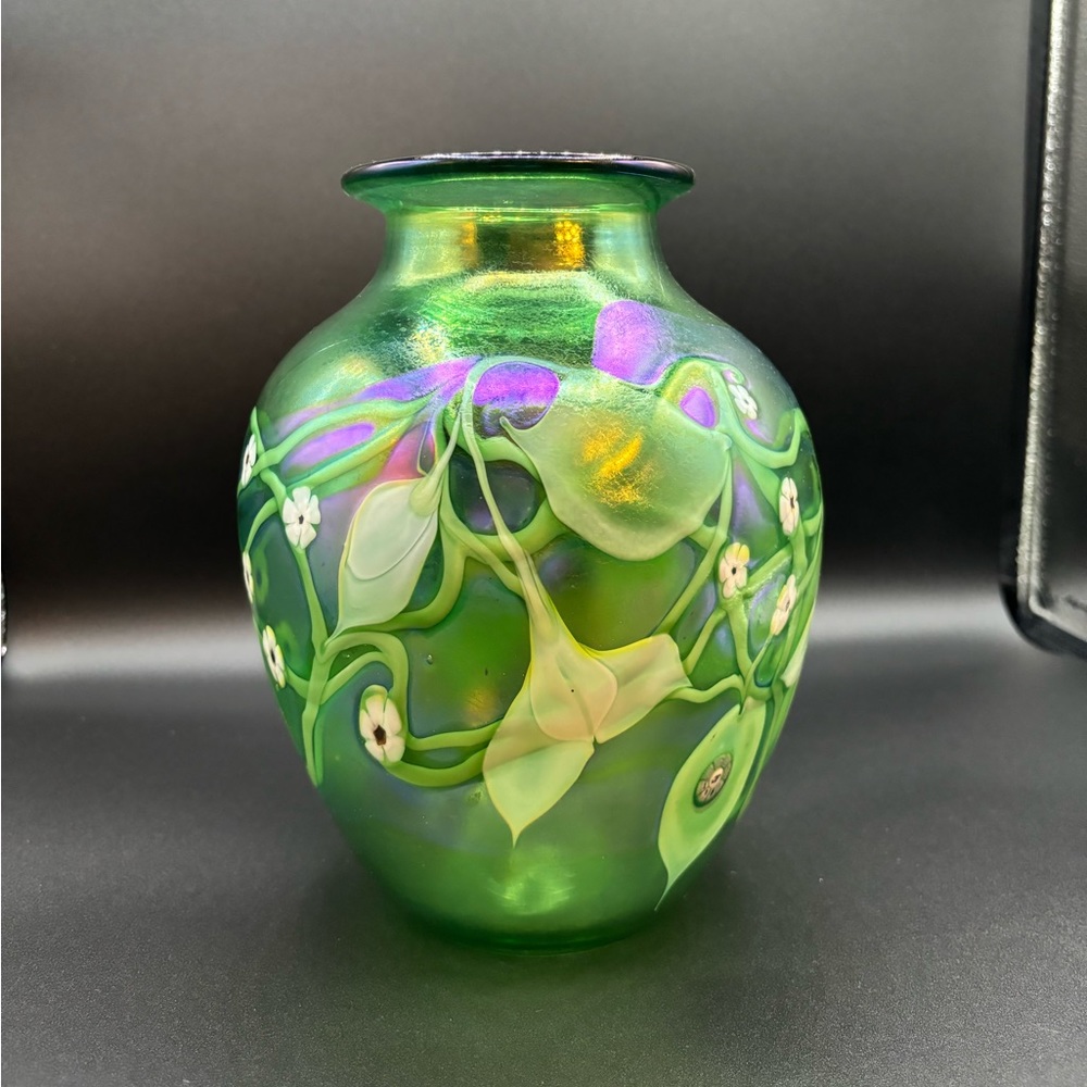 Orient & Flume Vintage Hand Blown Iridescent Floral Art Glass Vase with Murrine